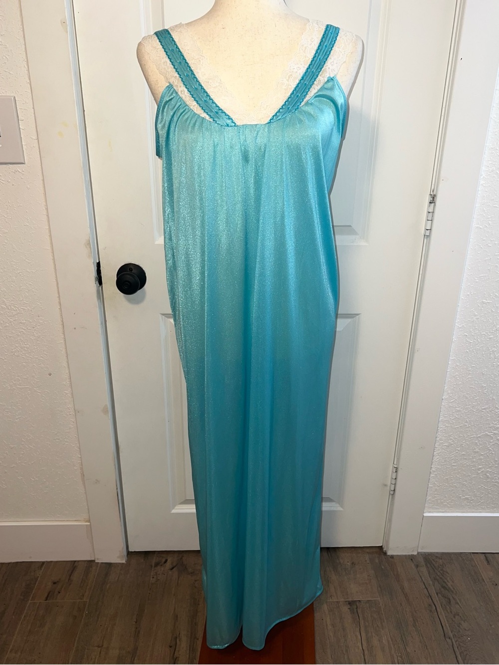 VNTG 1970s Blue Lace Trim Slip Night Dress Made in the USA